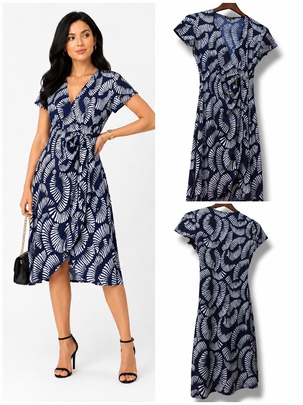 Glamour | NWOT Navy White Abstract Leaf-Print Wrap Coastal Midi Dress (size 6)